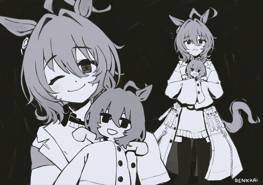 1girl, agnes_tachyon_(umamusume), ahoge, animal_ears, artist_name, commentary, english_commentary, feet_out_of_frame, greyscale, head_tilt, horse_ears, horse_tail, lab_coat, looking_at_viewer, monochrome, multiple_views, open_mouth, renkkai, short_hair, sleeves_past_fingers, sleeves_past_wrists, smile, sweater, tail, test_tube, umamusume, upper_body