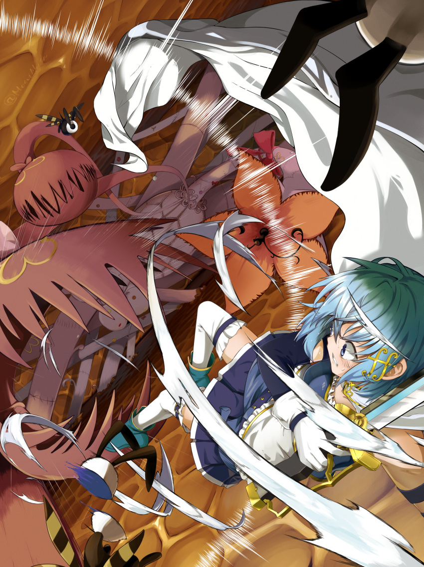 absurdres, blue_eyes, blue_hair, cape, familiar_(madoka_magica), fangs, fighting, flower, highres, holding, holding_sword, holding_weapon, honeycomb_(pattern), lying, magical_girl, mahou_shoujo_madoka_magica, miki_sayaka, miki_sayaka_(magical_girl), monster, monznyan, on_back, sword, weapon, white_cape, witch_(madoka_magica)