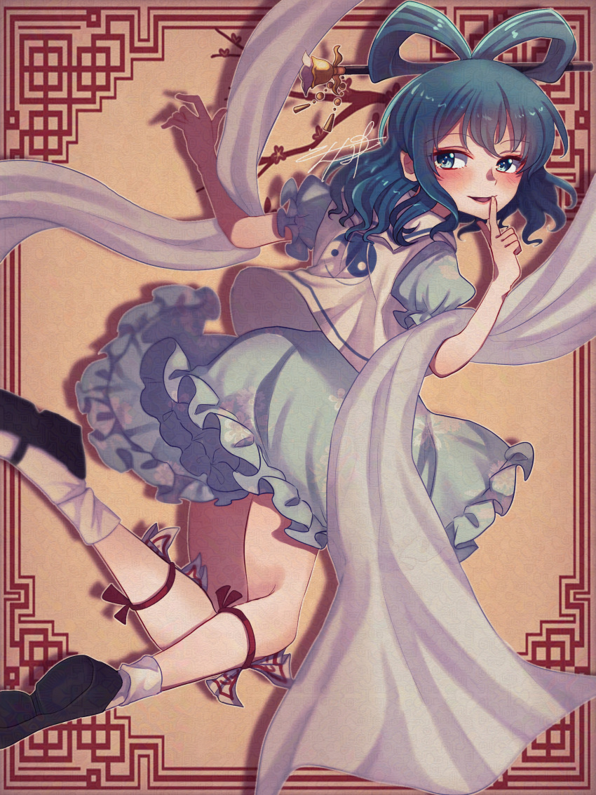 1girl, absurdres, black_shoes, blue_dress, blue_eyes, blue_hair, blush, chinese_knot_border