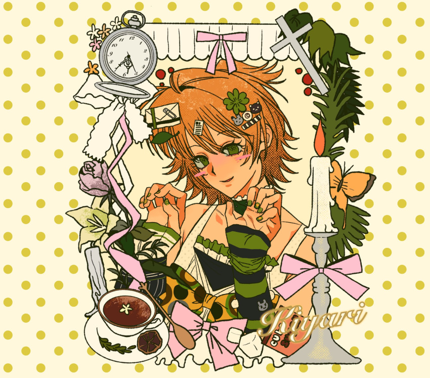 1girl, arm_warmers, blush_stickers, bow, bug, butterfly, candle, cat_hair_ornament