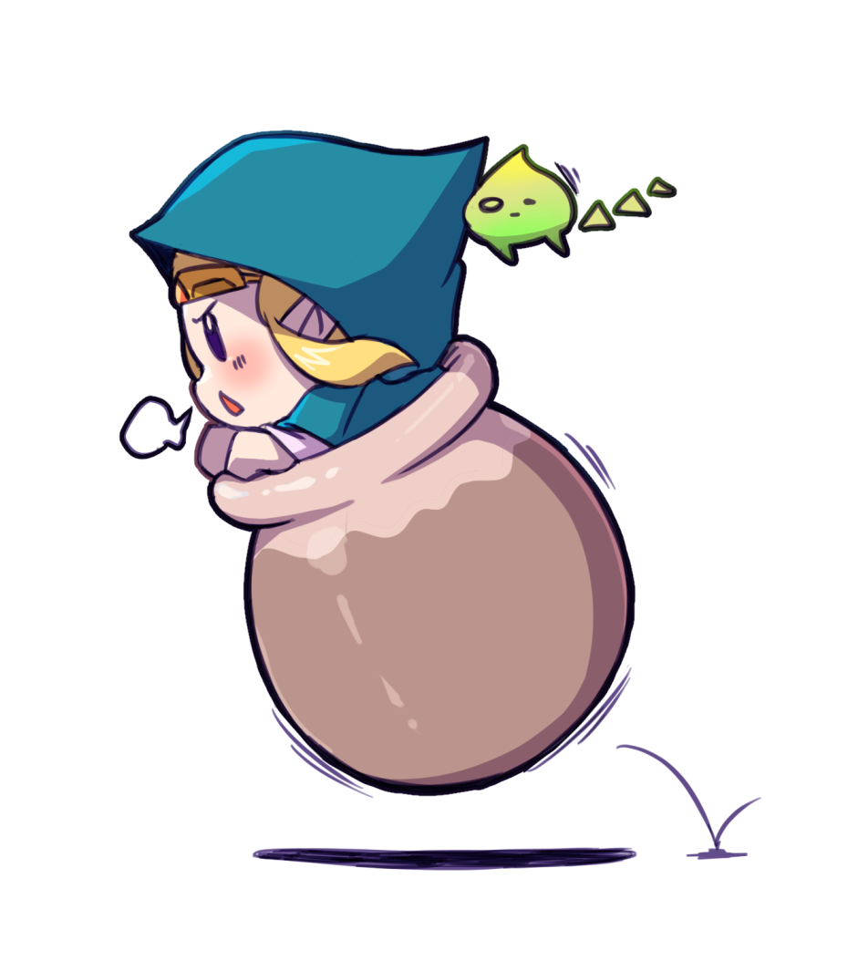 1girl, aqua_cloak, blonde_hair, blush, chibi, cloak, commentary_request, floating