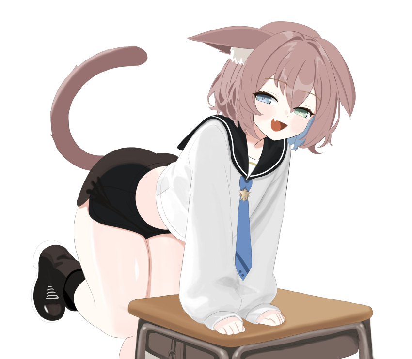 1girl, :d, absurdres, animal_ear_fluff, animal_ears, arm_support, bent_over, black_boots, black_sailor_collar, black_shorts, blue_eyes, blue_hair, boots, brooch, brown_hair, cat_ears, cat_girl, cat_tail, colored_inner_hair, desk, ears_down, fang, foot_up, green_eyes, half-closed_eyes, hat, heterochromia, highres, indie_virtual_youtuber, jewelry, light_blush, long_sleeves, looking_at_viewer, michiyo_mao, midriff, multicolored_hair, necktie, onli720justmao, puffy_long_sleeves, puffy_sleeves, sailor_collar, school_desk, school_uniform, serafuku, short_hair, shorts, skin_fang, sleeves_past_wrists, smile, smug, star_brooch, tail, thick_thighs, thighs, virtual_youtuber, white_background, white_serafuku, window, window_shadow