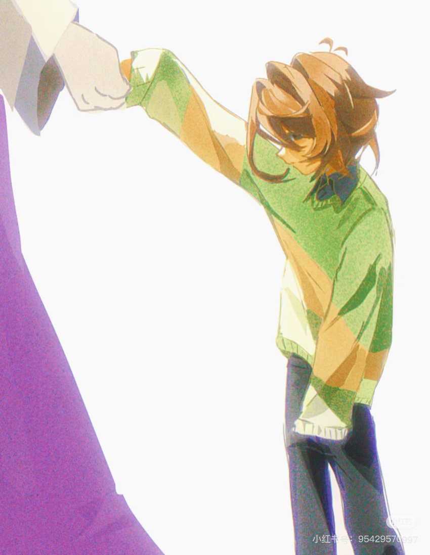 1girl, 1other, black_pants, black_shirt, brown_hair, chinese_commentary, collared_shirt, commentary