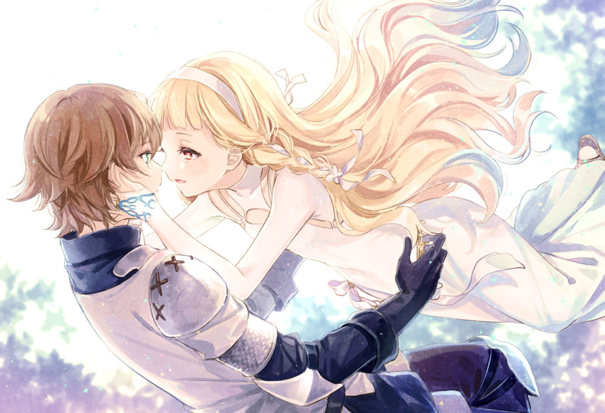 1boy, 1girl, amaichi_esora, ariel_(sayoasa), armor, black_gloves, blonde_hair, blue_eyes