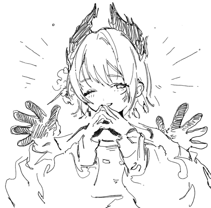 1girl, arknights, blush, extra_arms, gloves, greyscale, hand_up, head_wings