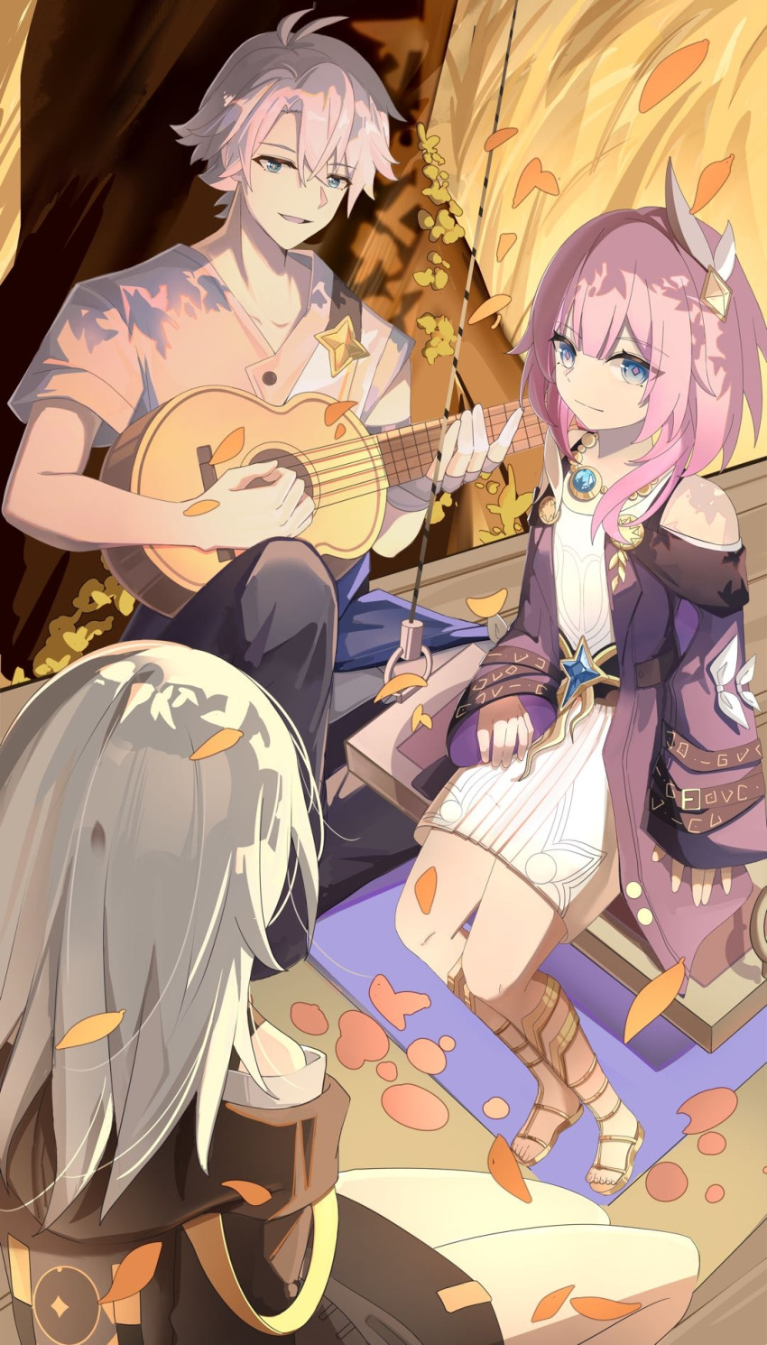 1boy, 2girls, ahoge, banjo, bare_shoulders, black_coat, black_pants, blue_eyes, breasts, chinese_commentary, coat, commentary_request, cyrene_(honkai:_star_rail), dress, grey_hair, grey_shirt, hair_ornament, highres, honkai:_star_rail, honkai_(series), huajixiaolin, instrument, jewelry, medium_hair, multicolored_hair, multiple_girls, music, necklace, on_swing, outdoors, pants, phainon_(honkai:_star_rail), playing_instrument, purple_coat, shirt, short_hair, small_breasts, stelle_(honkai:_star_rail), swing, trailblazer_(honkai:_star_rail), tree, two-tone_hair, white_dress, white_hair