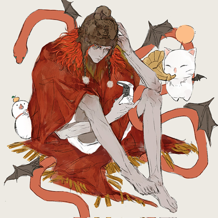1boy, animal, arm_up, barefoot, bat_wings, black_hat, commentary, controller