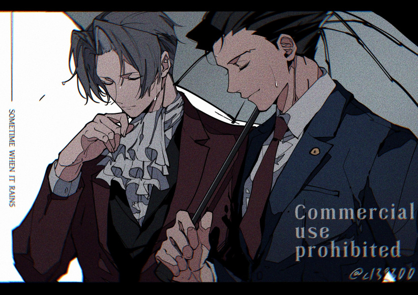 2boys, ace_attorney, ascot, black_border, black_hair, blue_jacket, border, buttons