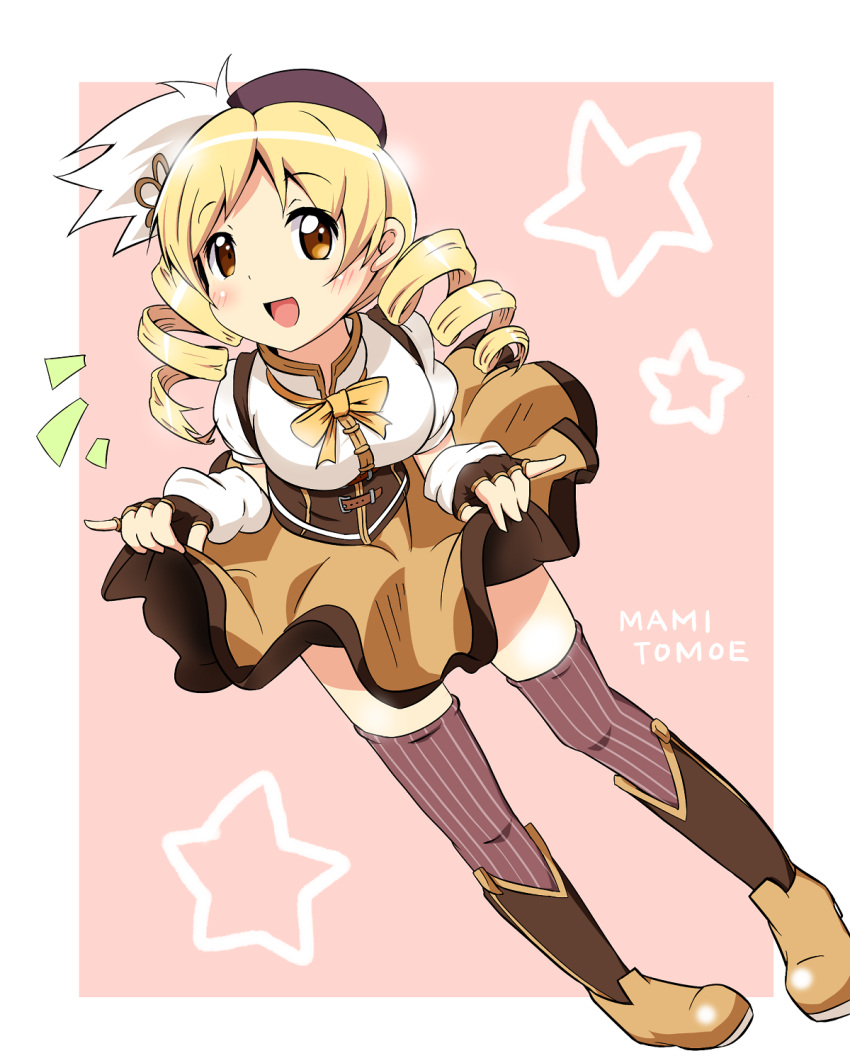 beret, blonde_hair, detached_sleeves, drill_hair, fingerless_gloves, gloves, hair_ornament, hat, highres, magical_girl, mahou_shoujo_madoka_magica, nori_(noritsugu), open_mouth, puffy_sleeves, skirt, skirt_lift, solo, thigh-highs, thighhighs, tomoe_mami, vertical-striped_legwear, vertical_stripes, yellow_eyes, zettai_ryouiki
