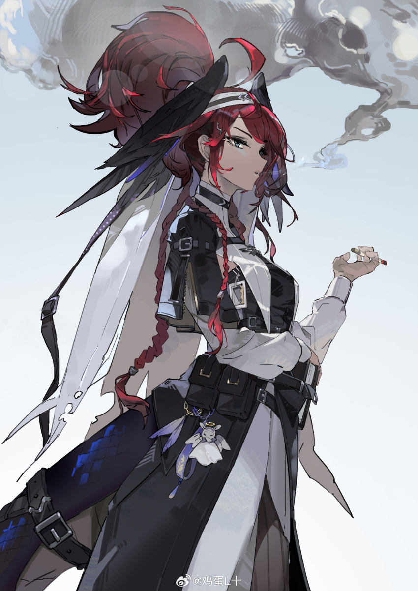 1girl, absurdres, arknights, black_coif, black_dress, braid, dress, feathered_wings
