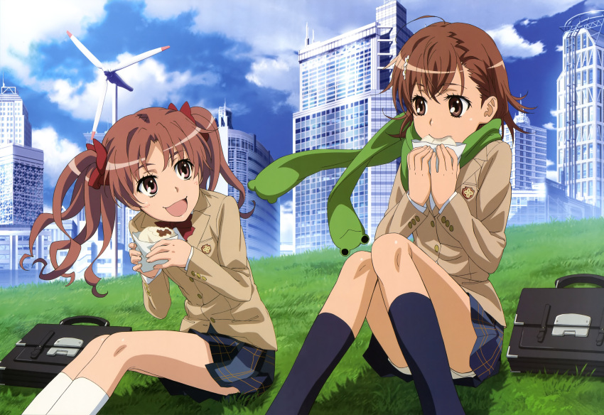 brown_eyes, brown_hair, city, cityscape, cloud, clouds, food, footwear