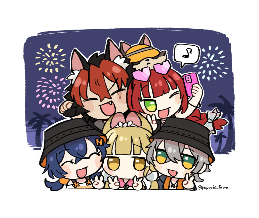 2boys, 3girls, alice_thymefield, alice_thymefield_(sea_of_thyme), animal, animal_ear_fluff, animal_ears, belle_(summer_skies)_(zenless_zone_zero)