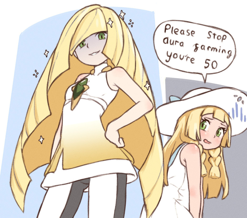 2girls, bare_arms, beachepisode, black_pants, blonde_hair, blunt_bangs, contrapposto, dress