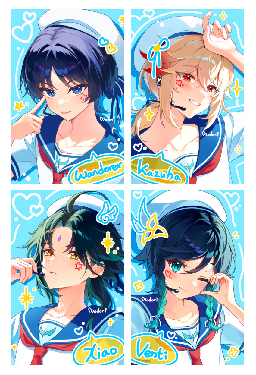 4boys, akanbe, alternate_costume, black_hair, blue_eyes, blue_hair, blue_sailor_collar, braid