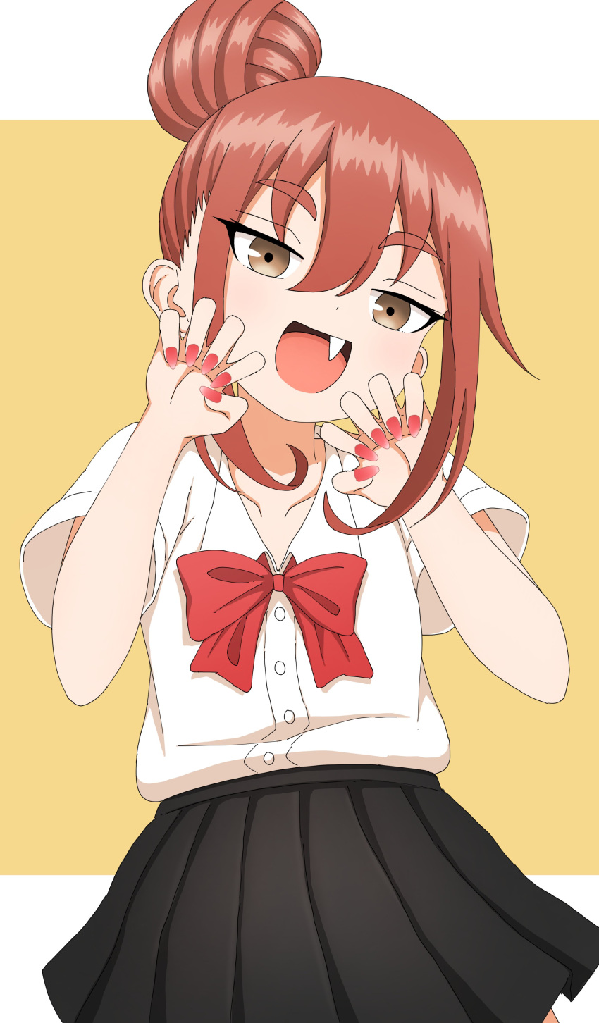 1girl, :d, absurdres, black_skirt, border, bow, brown_eyes, claw_pose