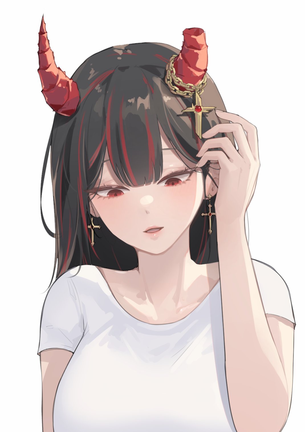 asymmetrical_horns, black_hair, black_nails, bluejump, broken_horn, broken_horns, buttbbol, chain