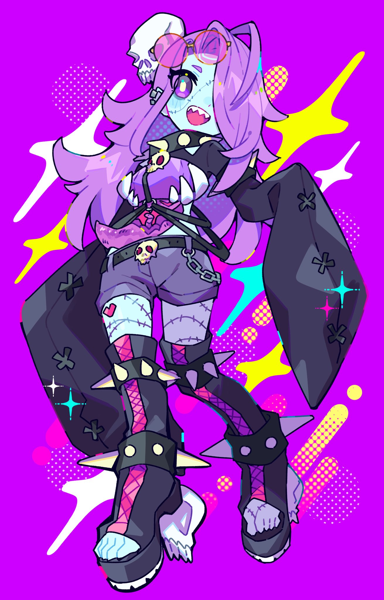1girl, :d, belt, black_belt, black_boots, blue_skin, boots, borrowed_character