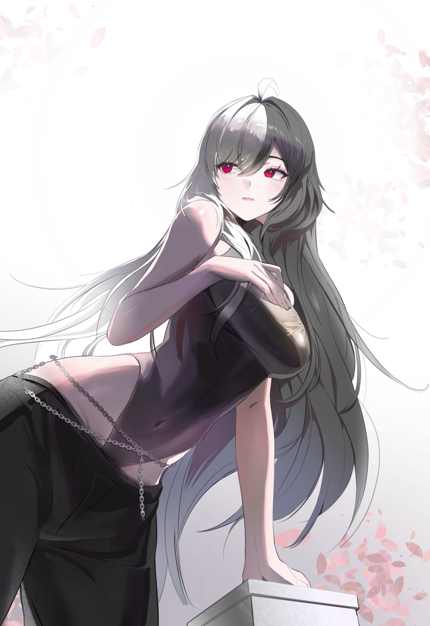 absurdres, ahoge, bare_shoulders, belly_chain, black_hair, black_pants, breasts, cherry_blossoms