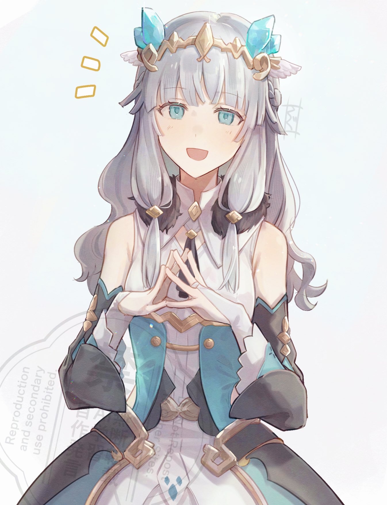 1girl, :d, bare_shoulders, beatrice_(rune_factory), blue_eyes, bridal_gauntlets, cowboy_shot, detached_sleeves