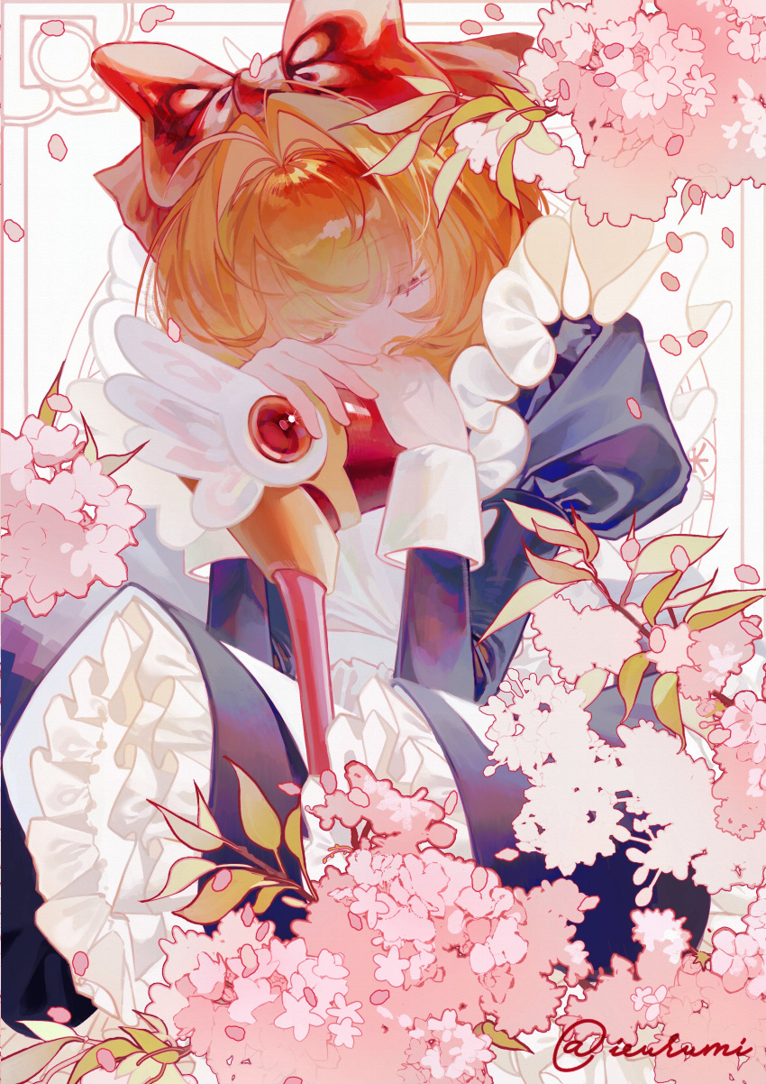 1girl, absurdres, apron, black_dress, bow, brown_hair, cardcaptor_sakura, character_request