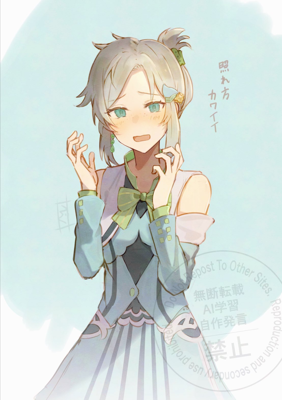 1girl, bare_shoulders, blonde_hair, blue_dress, blush, detached_sleeves, dress, embarrassed