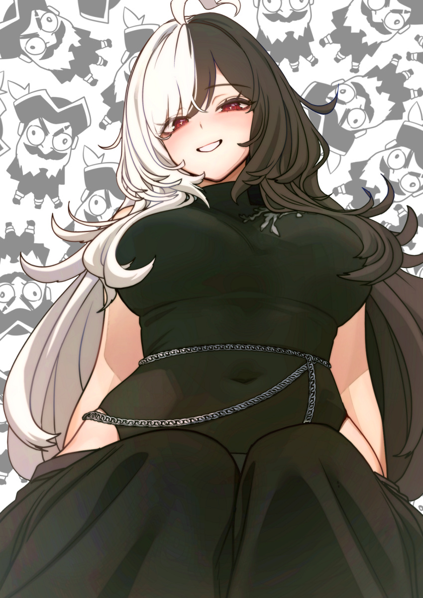 ahoge, bare_shoulders, belly_chain, black_hair, black_pants, breasts, codename_rose, floral_print