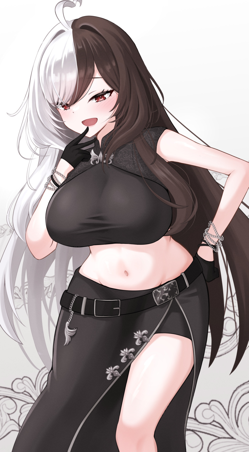 1girl, absurdres, ahoge, artist_request, bare_shoulders, belt, black_dress, black_hair, black_shirt, breasts, chain, codename_rose, crop_top, dress, floral_background, floral_print, groin, hand_on_own_face, hand_on_own_hip, highres, large_breasts, long_hair, midriff, multicolored_hair, narrow_waist, navel, red_eyes, seductive_smile, shirt, shorts, shrug_(clothing), simple_background, skindentation, sleeveless, smile, split-color_hair, taut_clothes, two-tone_hair, waktaverse, white_background, white_hair, wide_hips