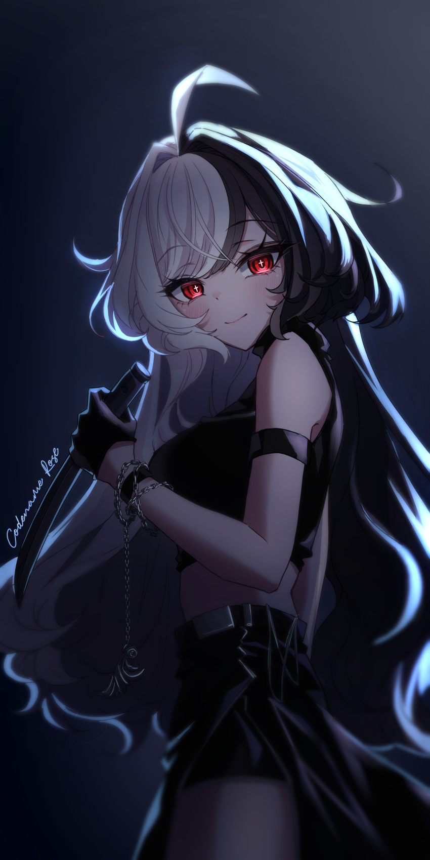 absurdres, ahoge, artist_request, bare_shoulders, belly_chain, black_background, black_hair, black_shirt