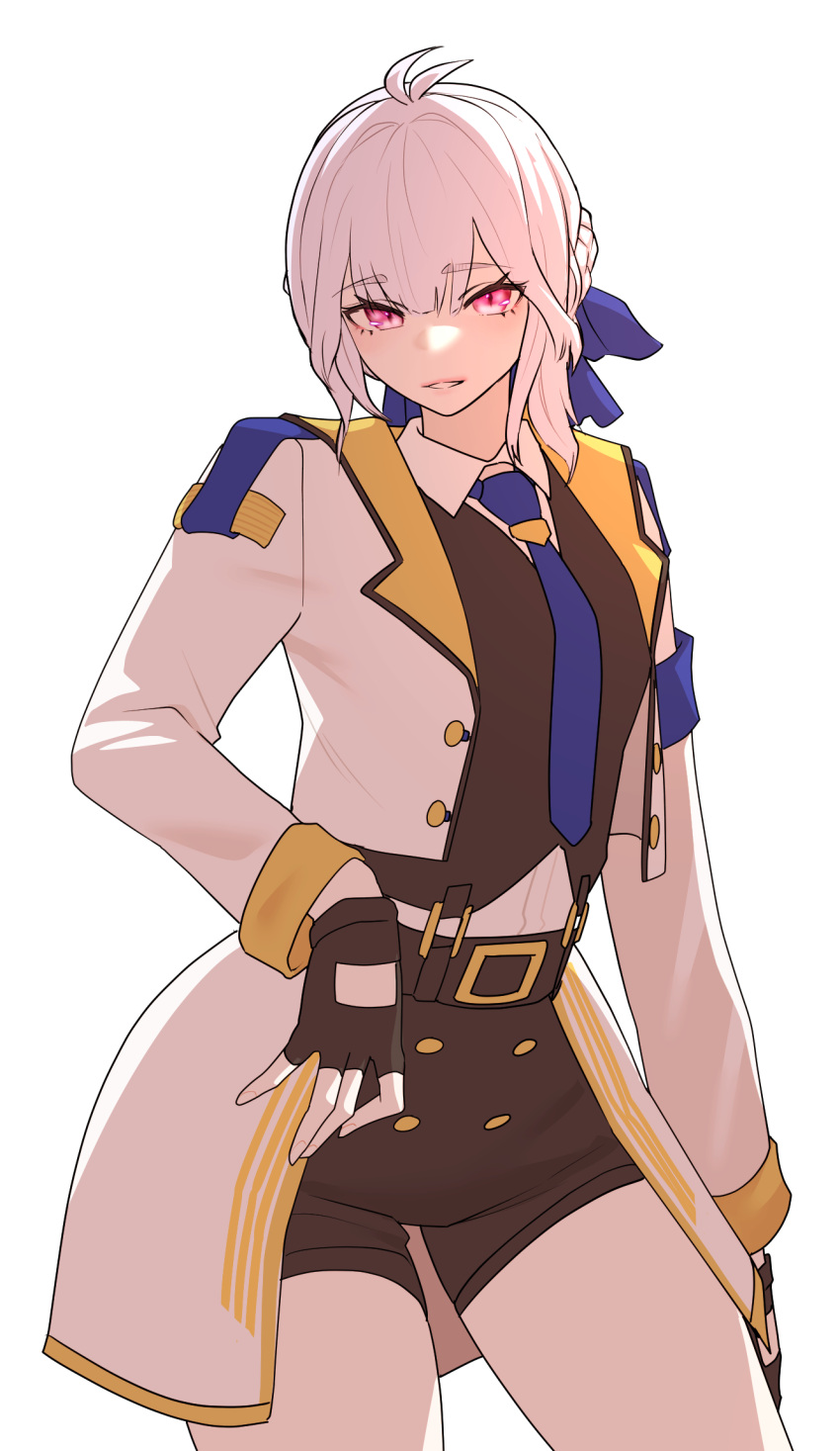 belt, black_belt, black_shorts, blue_necktie, blue_ribbon, braid, collared_shirt, fingerless_gloves
