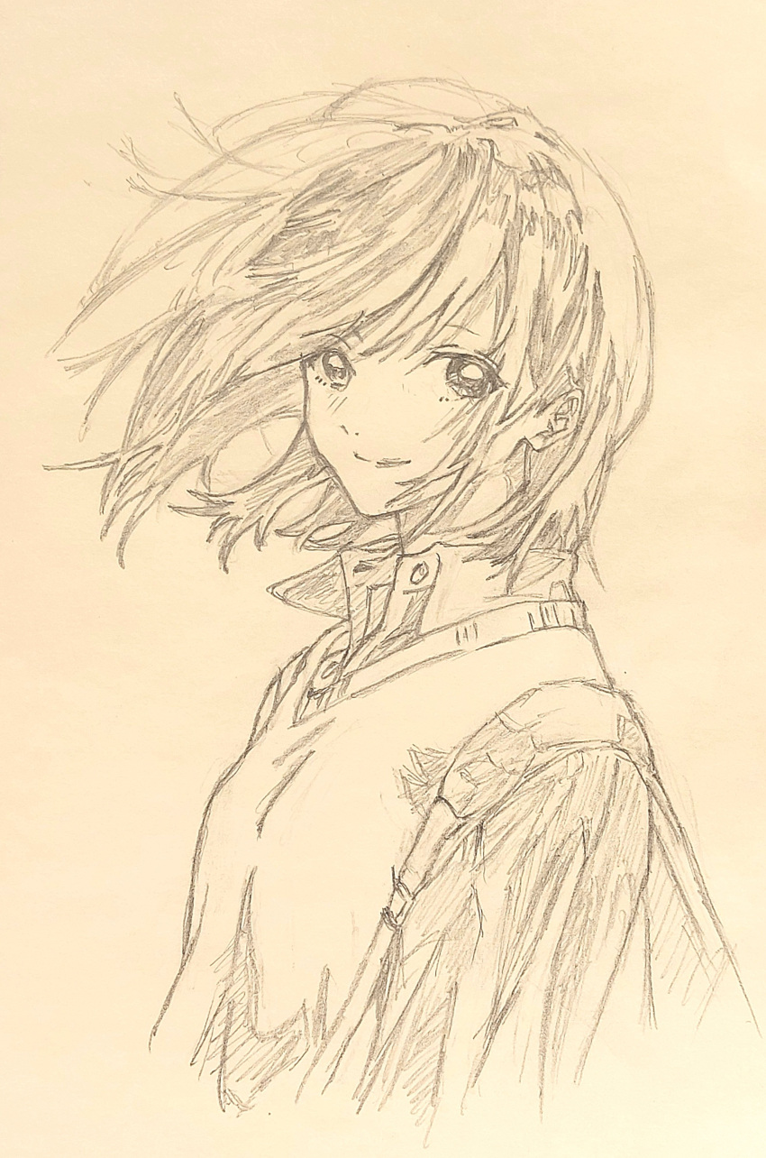 1girl, absurdres, closed_mouth, collared_shirt, commentary_request, floating_hair, graphite_(medium), greyscale