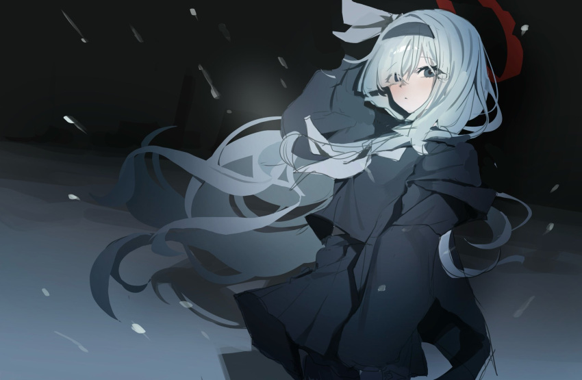 1girl, black_coat, black_eyes, black_hairband, black_ribbon, black_serafuku, black_skirt, blue_archive