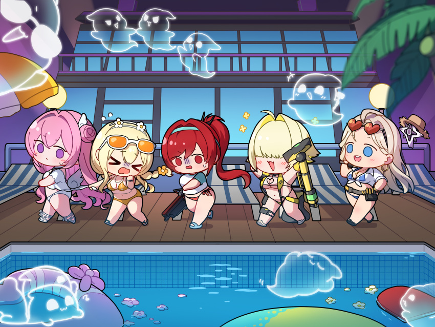 >_<, 5girls, :3, :d, absurdres, ahoge, arms_up, belt