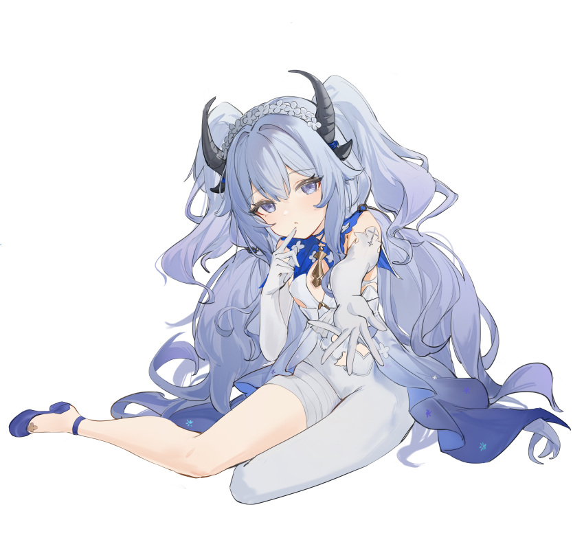 1girl, abby_(azur_promilia), absurdres, azur_promilia, bandaged_leg, bandages, blue_dress, blue_eyes, blue_hair, blue_shoes, chinese_commentary, cleavage_cutout, clothing_cutout, commentary_request, cross, dragon_horns, dragon_tail, dress, elbow_gloves, flantia, flower, gloves, gradient_clothes, gradient_dress, gradient_hair, hair_between_eyes, hair_flower, hair_ornament, highres, horns, long_hair, looking_at_viewer, lying, multicolored_hair, on_back, pantyhose, parted_lips, shoes, simple_background, single_leg_pantyhose, sitting, sleeveless, sleeveless_dress, solo, tail, transparent_background, two-tone_dress, white_dress, white_flower, white_gloves, white_hair, white_pantyhose