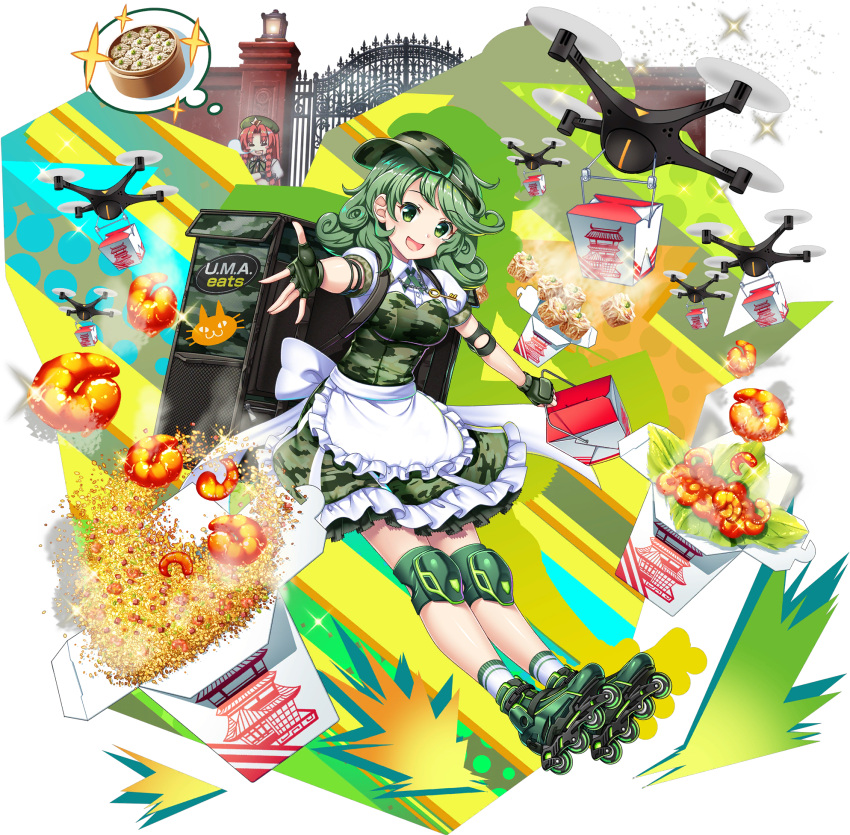 2girls, adapted_costume, alternate_costume, apron, back_bow, backpack, bag, boots