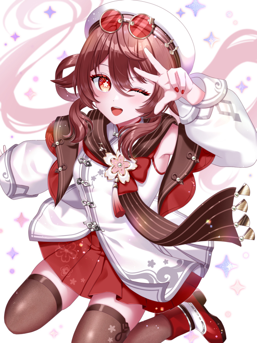 1girl, beret, brown_hair, brown_thighhighs, commentary_request, eyewear_on_head, flower-shaped_pupils, genshin_impact