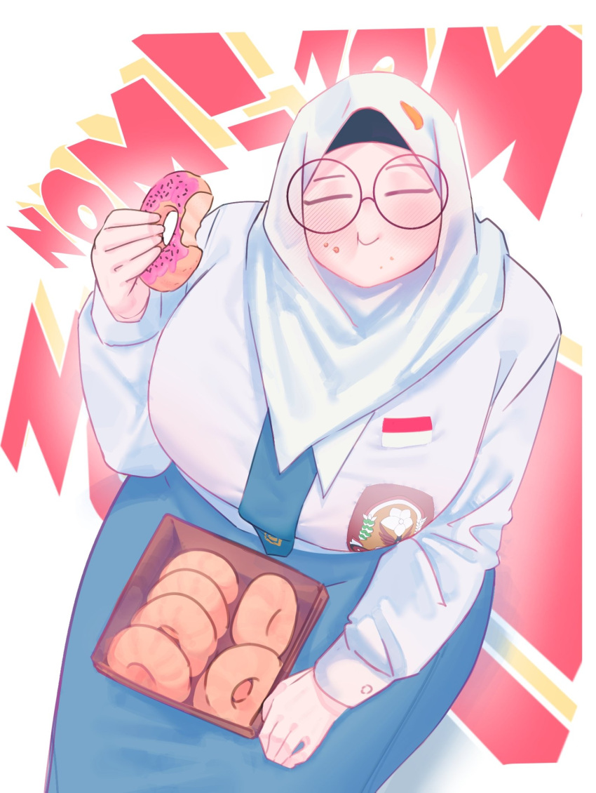 1girl, alv4febrian, ayuu_(alv4febrian), blue_necktie, blue_skirt, breasts, closed_eyes, collared_shirt, doughnut, food, glasses, highres, hijab, holding, holding_donut, holding_food, huge_breasts, indonesian_flag, indonesian_high_school_uniform, long_skirt, necktie, original, pastry_box, round_eyewear, school_uniform, shirt, skirt, solo, sound_effects, white_hijab, white_shirt