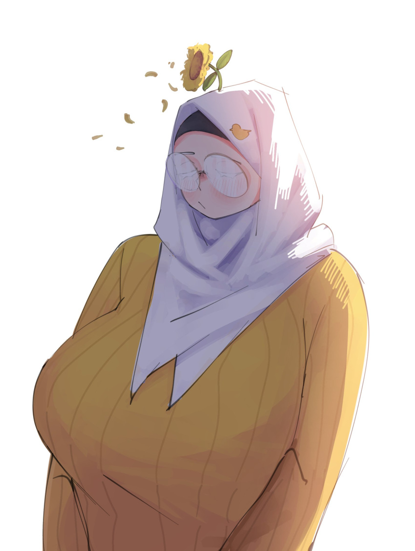 1girl, alv4febrian, ayuu_(alv4febrian), blush, breasts, closed_eyes, flower, flower_on_head, glasses, highres, hijab, huge_breasts, original, round_eyewear, simple_background, solo, sweater, upper_body, white_background, white_hijab, yellow_flower, yellow_sweater