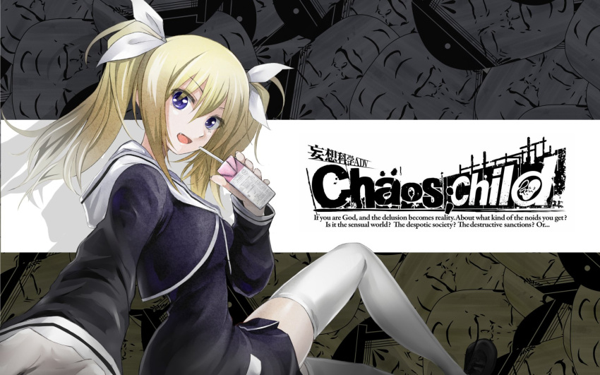 1girl, arimura_hinae, blonde_hair, blue_eyes, bow, breasts, chaos;child, dress, dress_vest, drinking, fang, from_side, hair_between_eyes, hair_bow, hair_ribbon, hekiho_academy, hekiho_academy_school_uniform, highres, holding, holding_carton, jacket, long_hair, long_sleeves, looking_at_viewer, looking_back, medium_breasts, open_mouth, ribbon, school_uniform, science_adventure, shiny_skin, sitting, smile, solo, thighs, tomtom_h1, twintails, white_ribbon, zettai_ryouiki