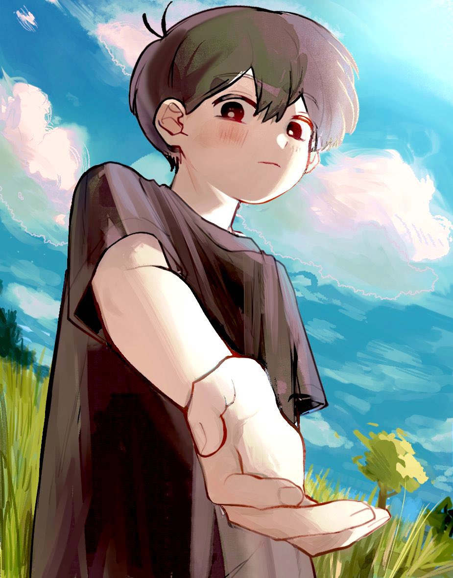 1boy, aged_down, antenna_hair, arm_at_side, black_eyes, black_hair, black_shirt, blue_sky