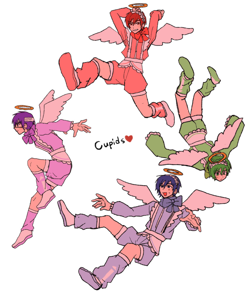 4boys, akaito, angel_wings, bandaged_head, bandages, blue_hair, bow, commentary_request