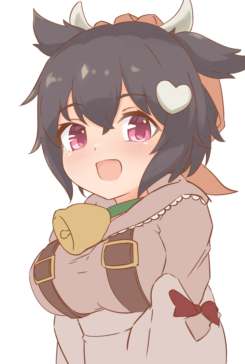 1girl, absurdres, bandana, bell, belt, black_hair, breasts, brown_shirt, cow_girl, cow_horns, emil_chronicle_online, hair_ornament, highres, horns, large_breasts, momo_alma, neck_bell, orange_bandana, red_ribbon, ribbon, shirt, silver-index, two_side_up, violet_eyes, white_background