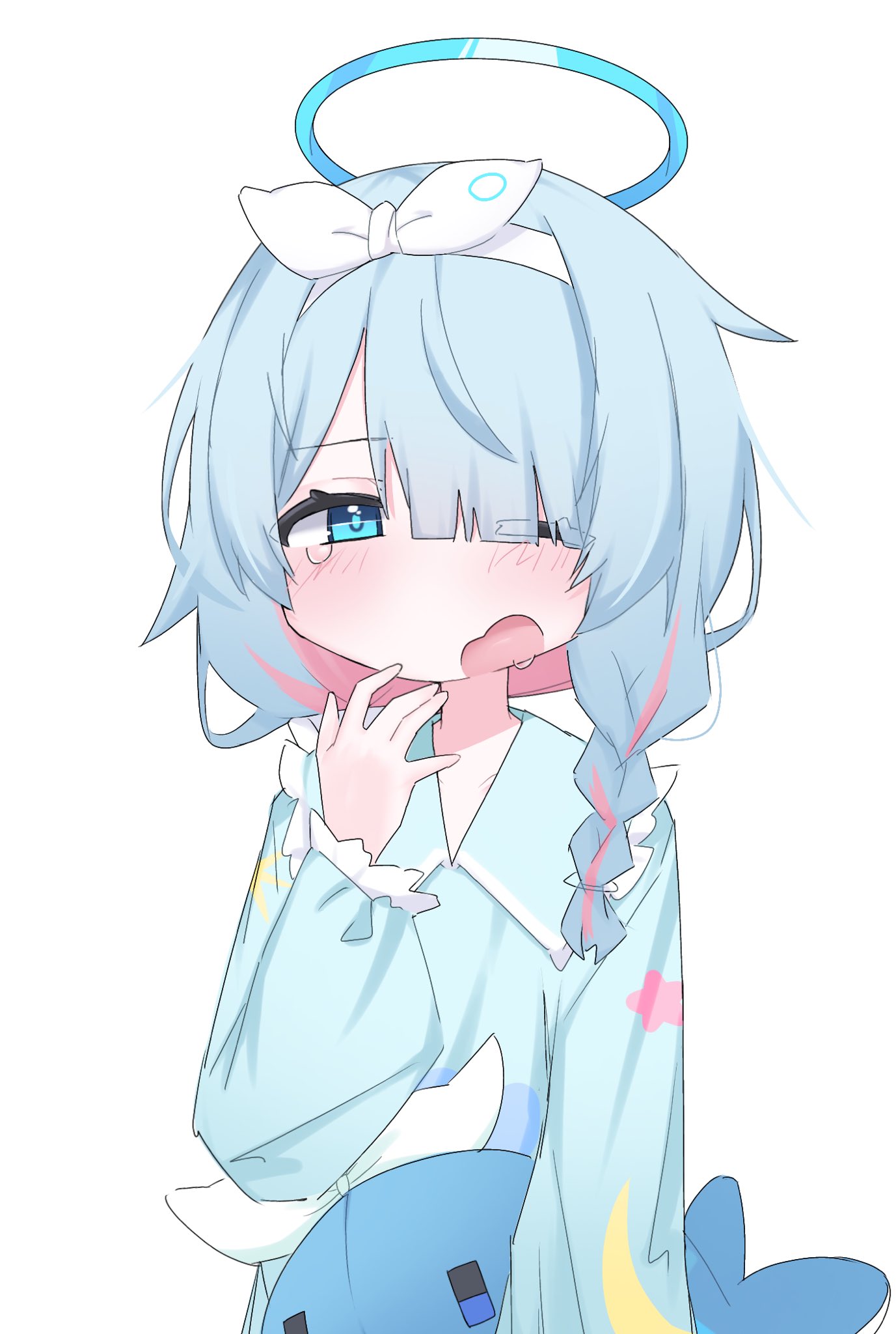1girl, arona_(blue_archive), blue_archive, blue_eyes, blue_hair, blue_halo, blue_pajamas, blue_pupils
