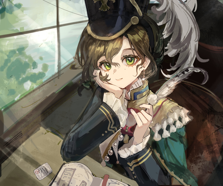 1girl, black_hat, black_jacket, book, brown_hair, closed_mouth, earrings, green_eyes