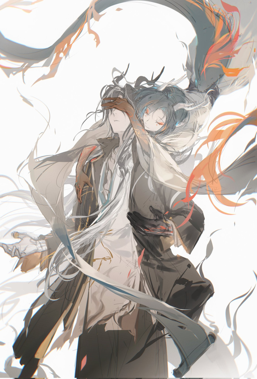 1boy, 1girl, arknights, brother_and_sister, chunbuchou, closed_eyes, covering_another's_eyes, dragon_boy, dragon_girl, floating, highres, jie_(arknights), scroll, siblings, standing, tail, wang_(arknights), white_background