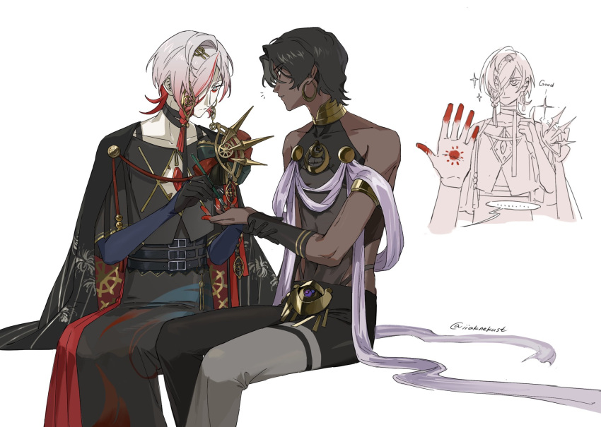 ..., 2boys, arjuna_(fgo_fes._2025)_(fate), black_eyes, black_hair, blue_eyes, bodypaint, brothers