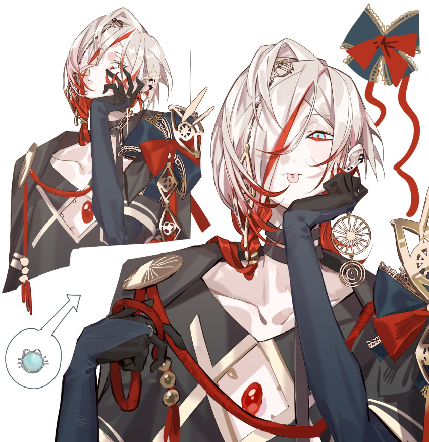 1boy, blue_eyes, earrings, eyeshadow, eyeshadow_under_eye, gradient_hair, hair_ornament, highres