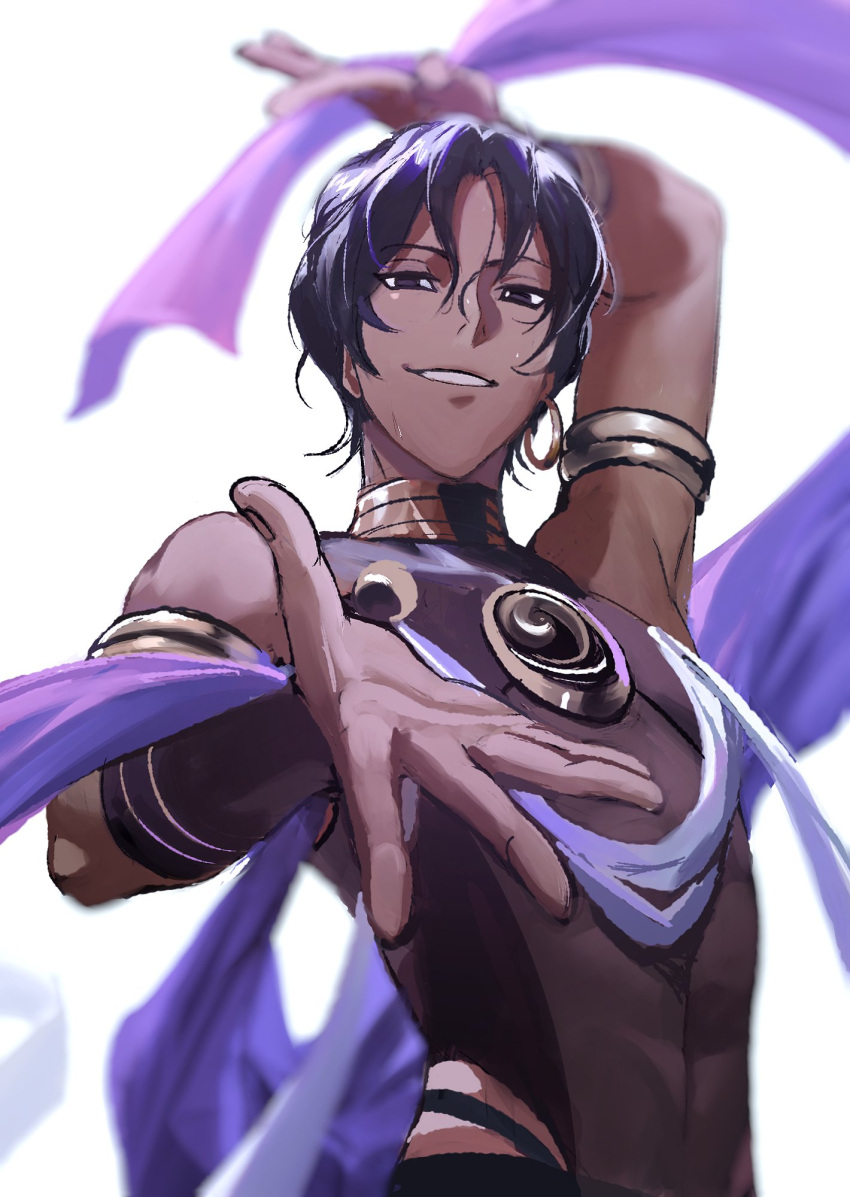 1boy, arjuna_(fgo_fes._2025)_(fate), black_eyes, black_hair, covered_navel, dancing, dark-skinned_male, dark_skin
