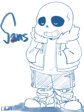 1boy, 2016, 2d, artist_name, blue_theme, character_name, digital_media, drawtring, full_body, fur-trimmed_jacket, fur_trim, hands_in_pockets, hatching_(texture), hollow_eyes, humanoid, jacket, kamui_setsuna, lowres, male, male_focus, male_only, monochrome, monster, monster_boy, open_clothes, open_jacket, sans_(undertale), shadow, shirt, shorts, simple_background, skeleton, sneakers, socks, solo, standing, striped_shorts, teeth, undead, undertale, utdr_(toby_fox), variant_set, vertical-striped_clothes, vertical-striped_shorts, white_background, white_stripes