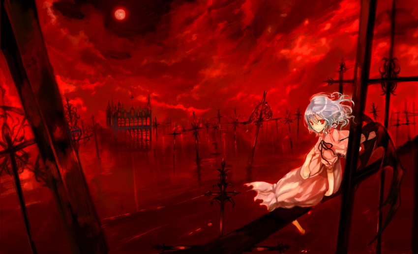 blue_hair, cloud, clouds, cross, dress, full_moon, hat, hat_removed