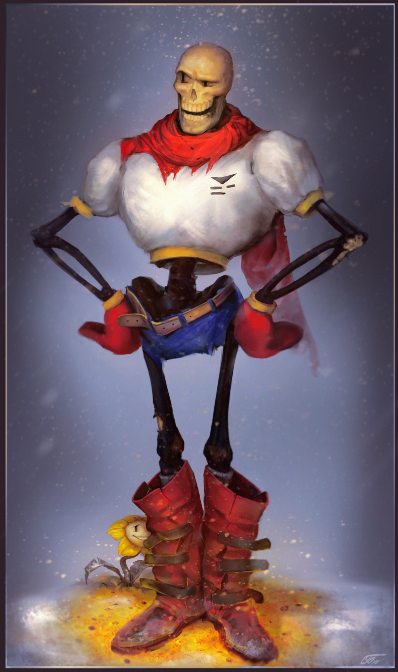 2015, 2boys, 2d, armor, belt, blue_shorts, boots, cape, digital_media, donc-desole, duo, flower, flowey_(undertale), full_body, gloves, hands_on_own_hips, humanoid, looking_to_the_side, male, male_focus, male_only, monster, monster_boy, multiple_boys, papyrus_(undertale), plant, red_boots, red_cape, red_gloves, shorts, skeleton, standing, teeth, undead, undertale, utdr_(toby_fox), white_armor, yellow_belt, yellow_flower
